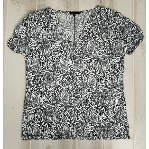 Anne Klein Blouse Top XL Gathered Sleeve Floral Black White Polyester Spandex - Picture 7 of 9